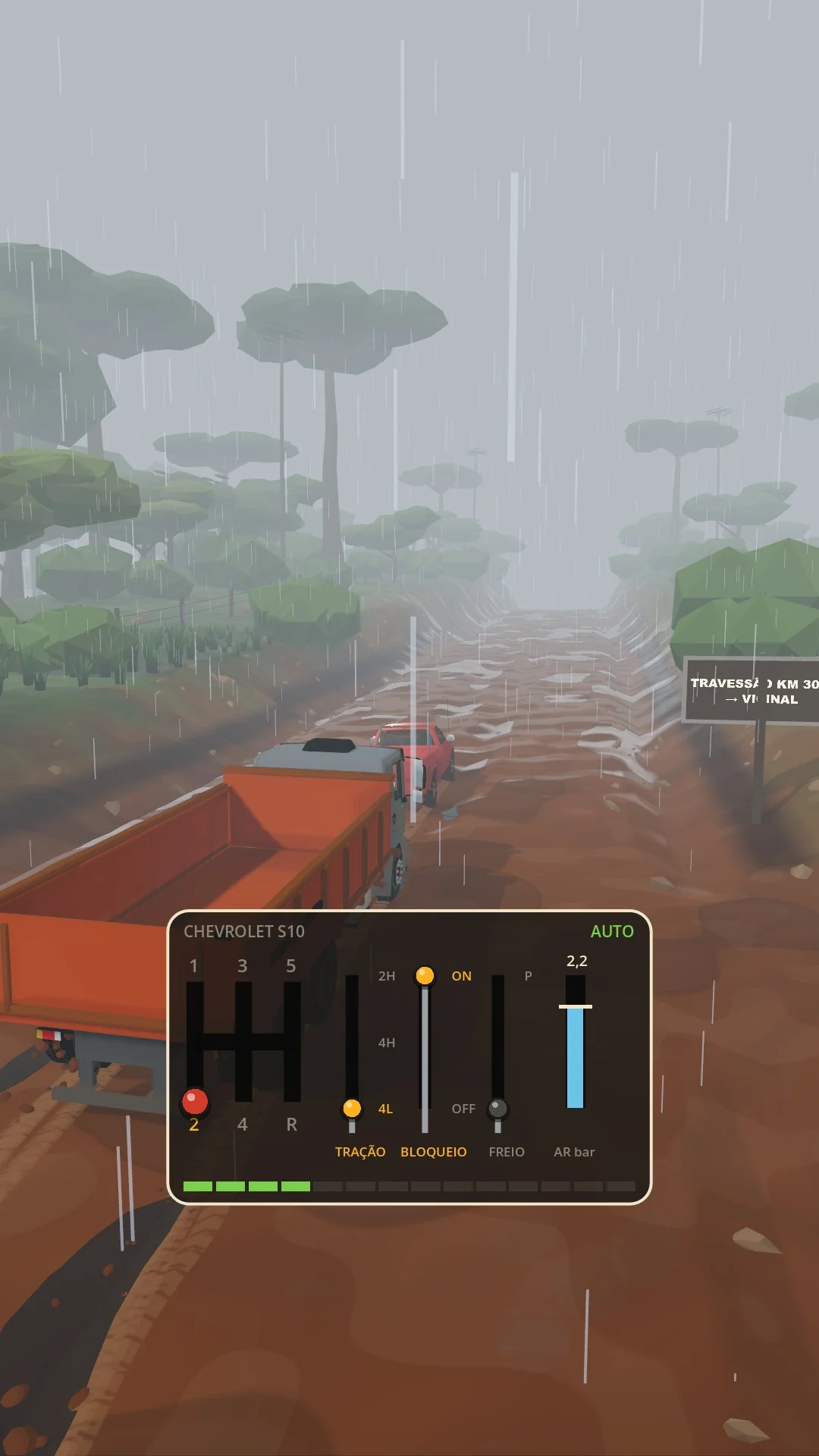Caminhão brasileiro aguardando resgate em meio à chuva