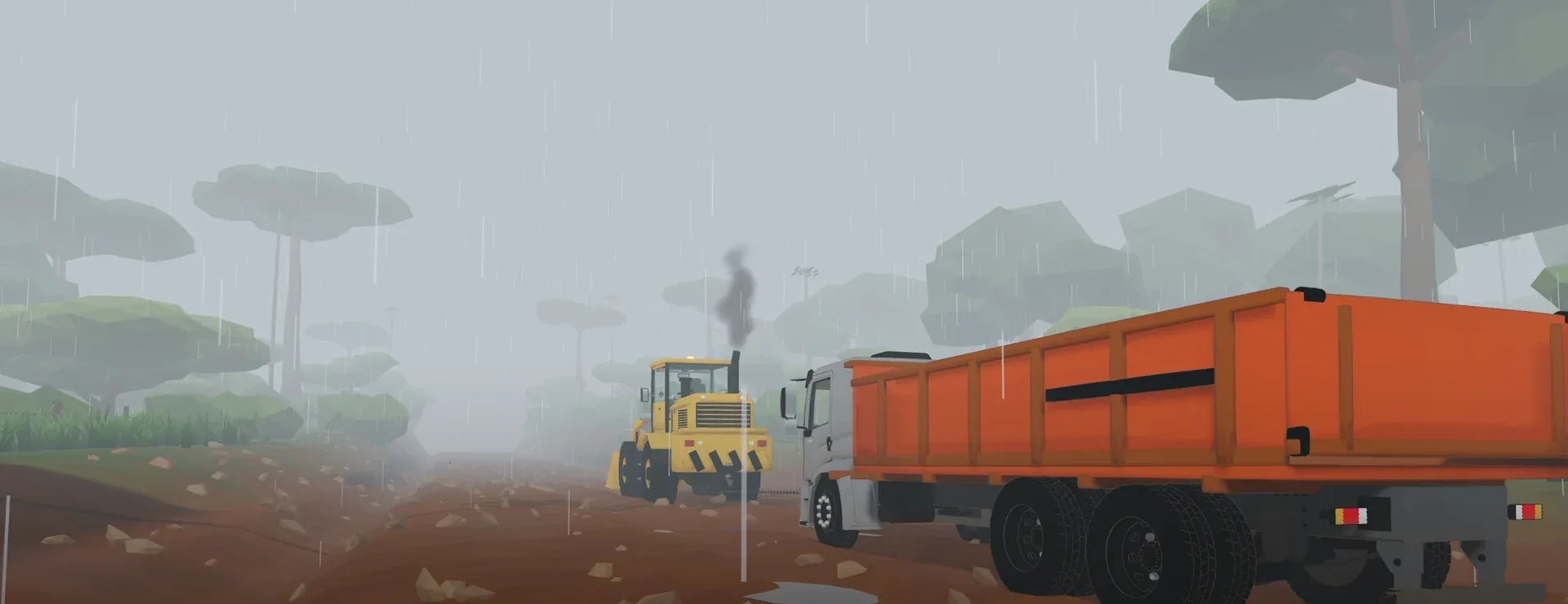 Caminhão e pá carregadeira enfrentando chuva e lama na Transamazônica